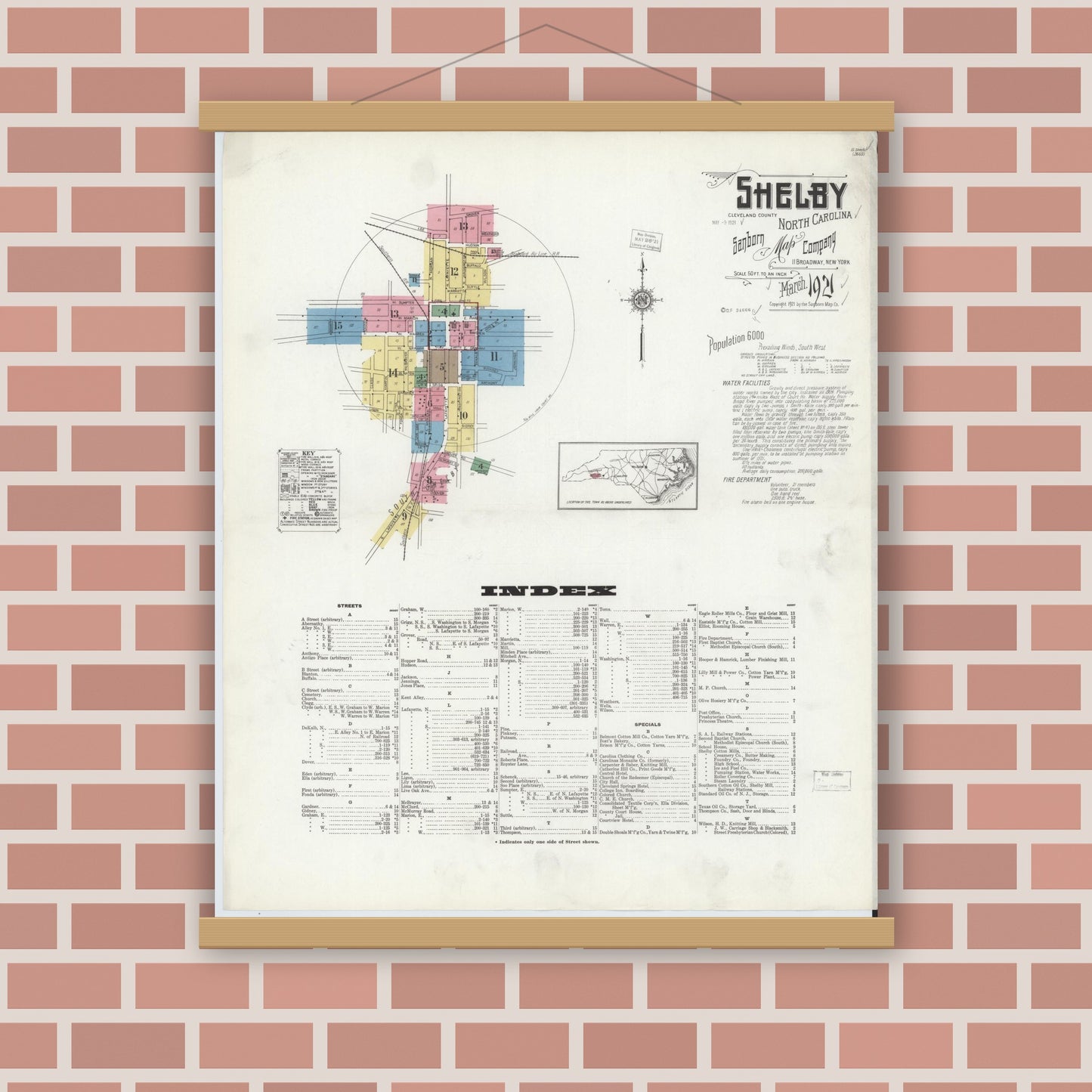 Old map wall art mockup — magnetic wood frame on brick wall — Sanborn Fire Insurance Map from Shelby, Cleveland County, North Carolina (1921), Sheet #0001