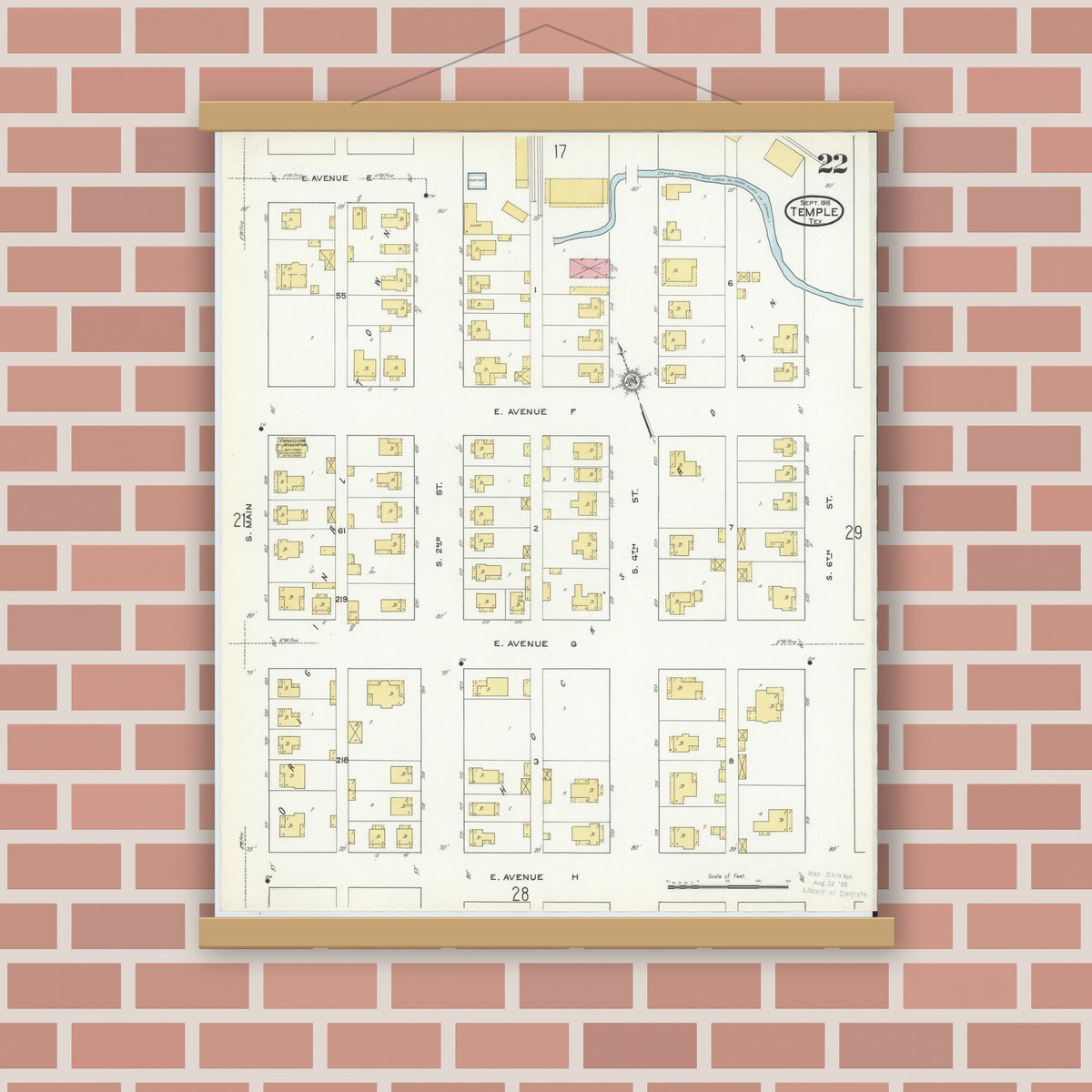 Old map wall art mockup — magnetic wood frame on brick wall — Sanborn Fire Insurance Map from Temple, Bell County, Texas (1915), Sheet #0022