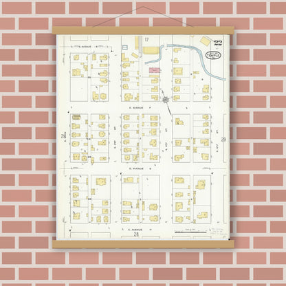 Old map wall art mockup — magnetic wood frame on brick wall — Sanborn Fire Insurance Map from Temple, Bell County, Texas (1915), Sheet #0022