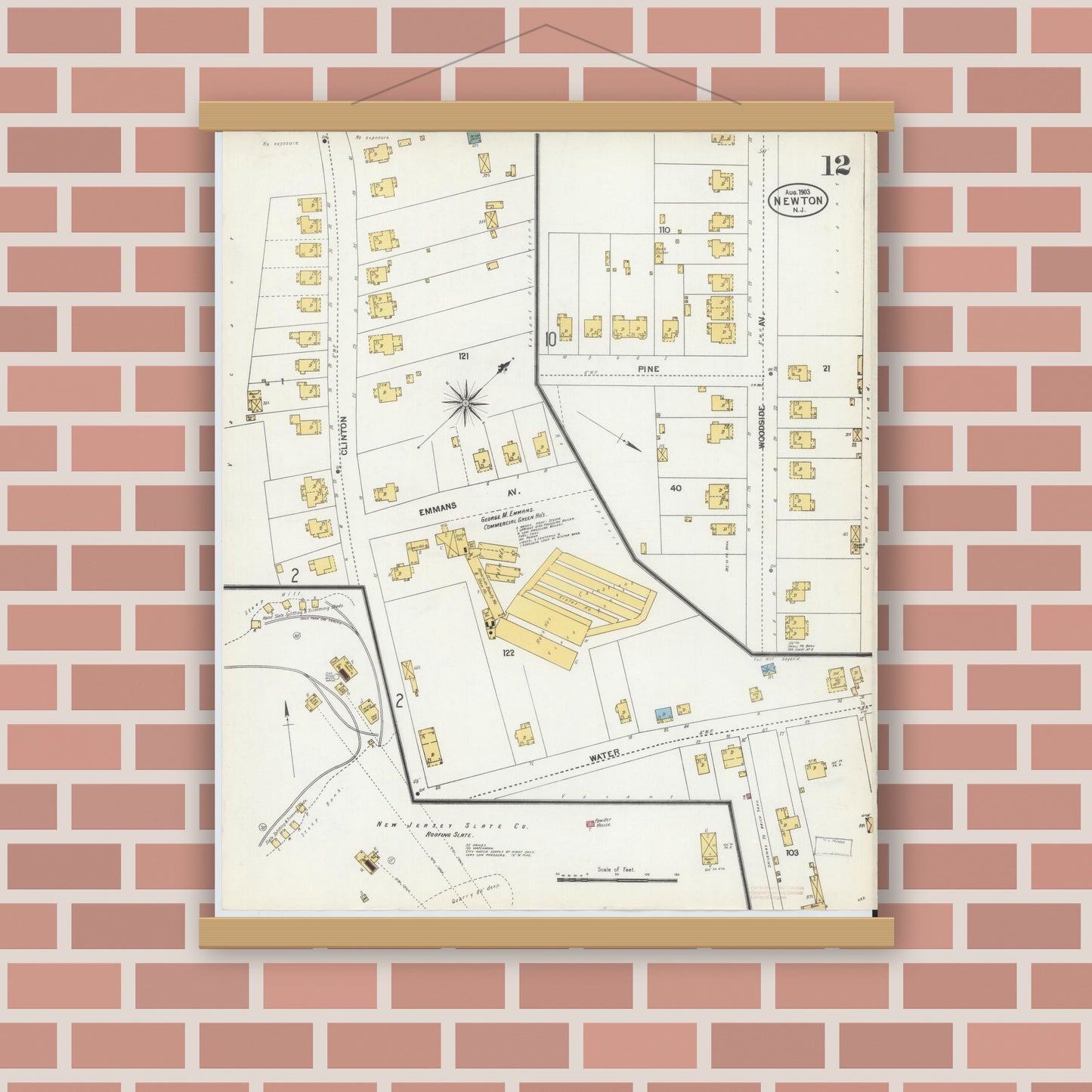 Old map wall art mockup — magnetic wood frame on brick wall — Sanborn Fire Insurance Map from Newton, Sussex County, New Jersey (1903), Sheet #0012