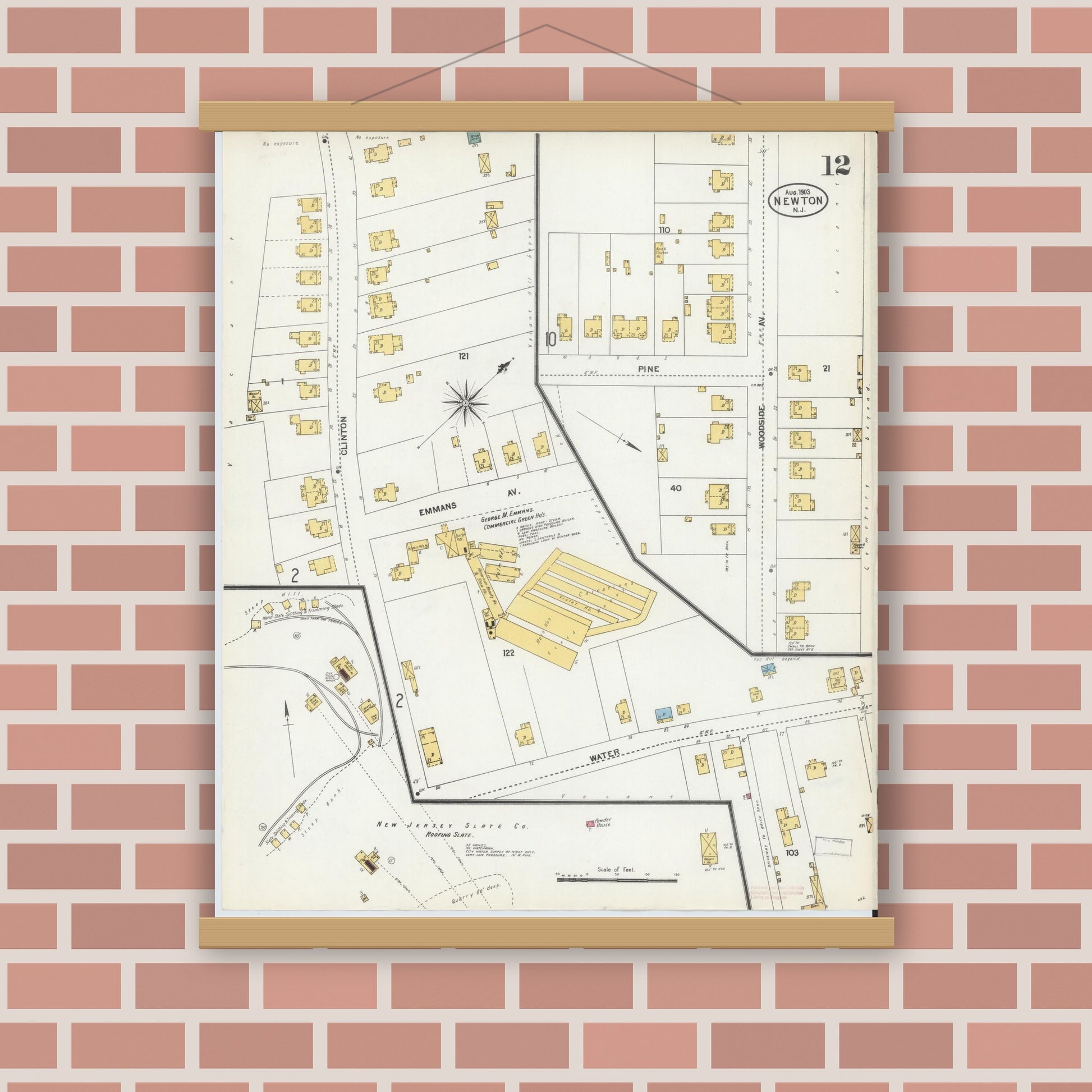 Old map wall art mockup — magnetic wood frame on brick wall — Sanborn Fire Insurance Map from Newton, Sussex County, New Jersey (1903), Sheet #0012