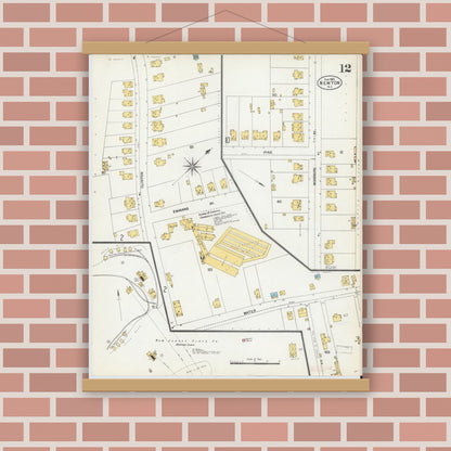 Old map wall art mockup — magnetic wood frame on brick wall — Sanborn Fire Insurance Map from Newton, Sussex County, New Jersey (1903), Sheet #0012