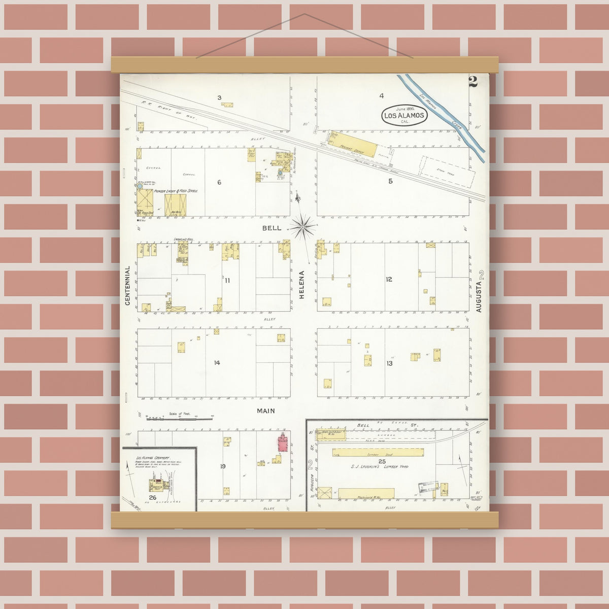 Old map wall art mockup — magnetic wood frame on brick wall — Sanborn Fire Insurance Map from Los Alamos, Santa Barbara County, California (1895), Sheet #0002