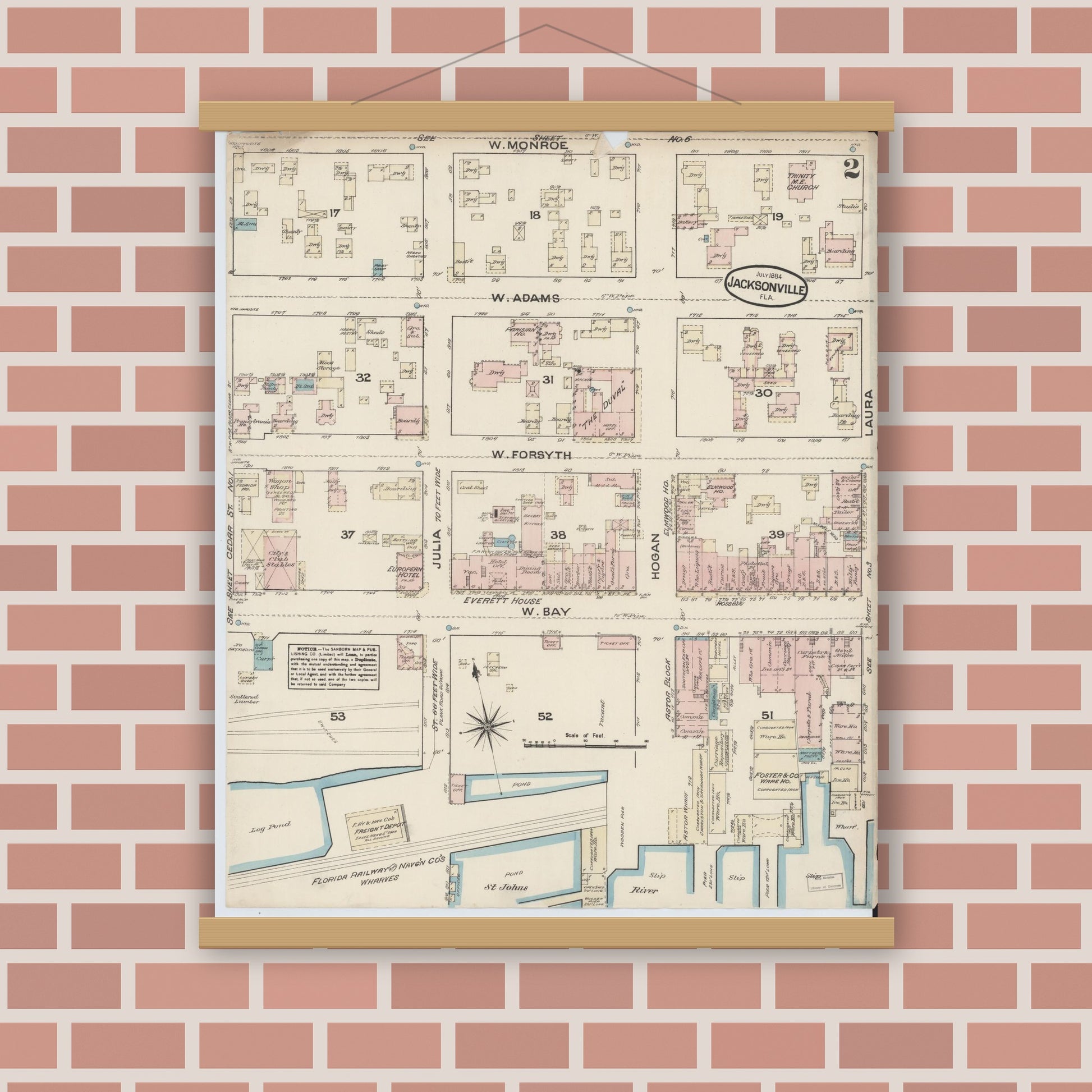 Old map wall art mockup — magnetic wood frame on brick wall — Sanborn Fire Insurance Map from Jacksonville, Duval County, Florida (1884), Sheet #0002