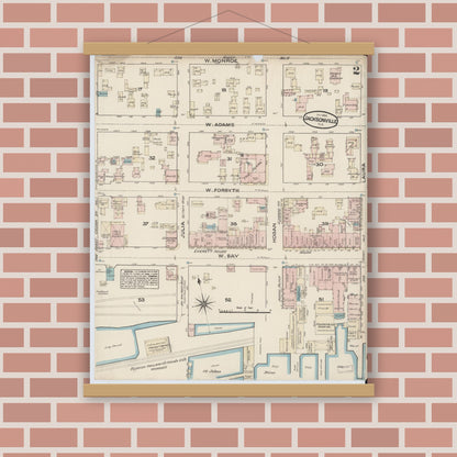 Old map wall art mockup — magnetic wood frame on brick wall — Sanborn Fire Insurance Map from Jacksonville, Duval County, Florida (1884), Sheet #0002