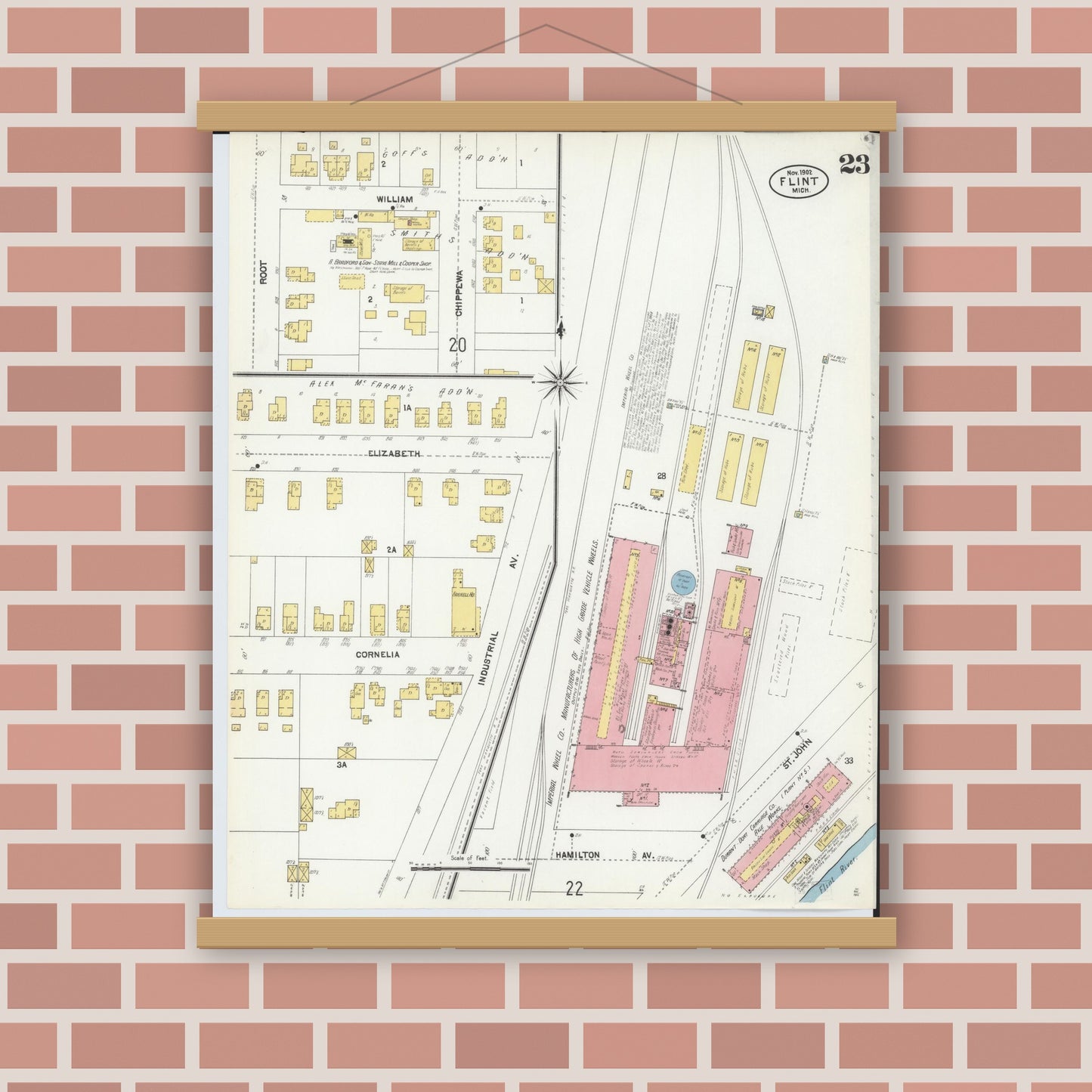 Old map wall art mockup — magnetic wood frame on brick wall — Sanborn Fire Insurance Map from Flint, Genesee County, Michigan (1902), Sheet #0023