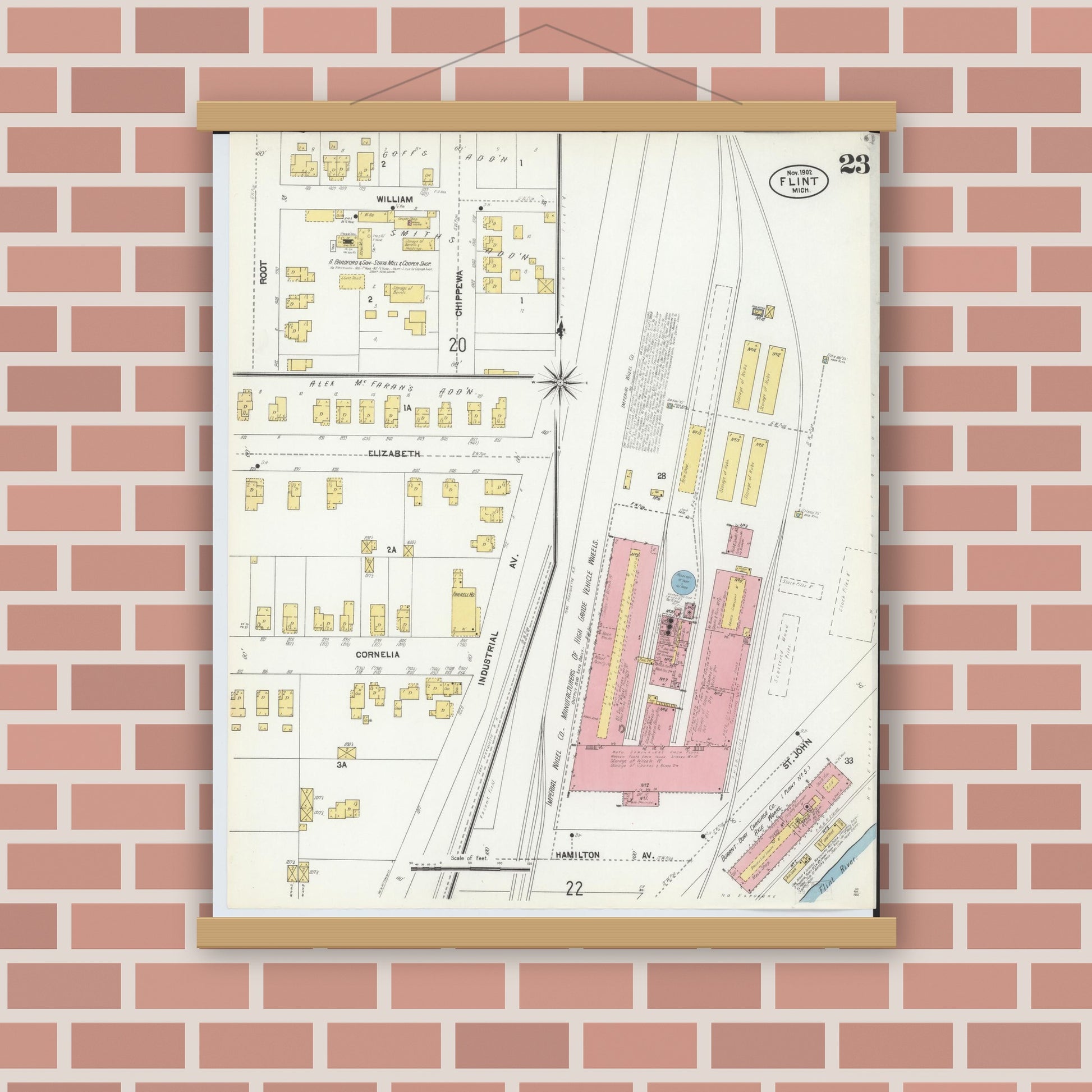 Old map wall art mockup — magnetic wood frame on brick wall — Sanborn Fire Insurance Map from Flint, Genesee County, Michigan (1902), Sheet #0023