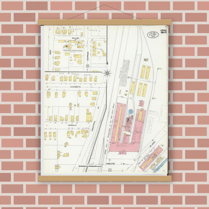 Old map wall art mockup — magnetic wood frame on brick wall — Sanborn Fire Insurance Map from Flint, Genesee County, Michigan (1902), Sheet #0023