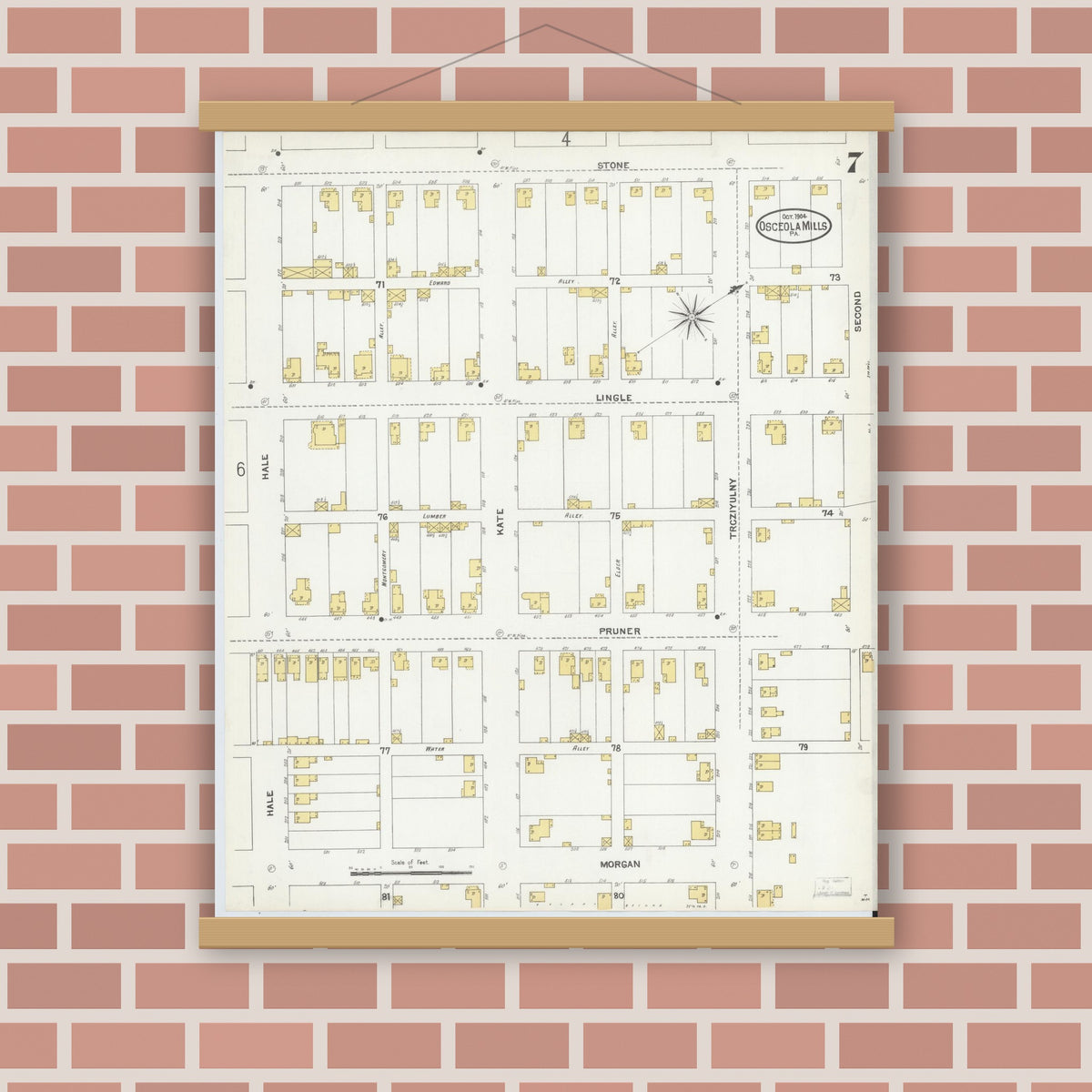 Old map wall art mockup — magnetic wood frame on brick wall — Sanborn Fire Insurance Map from Osceola Mills, Clearfield County, Pennsylvania (1904), Sheet #0007