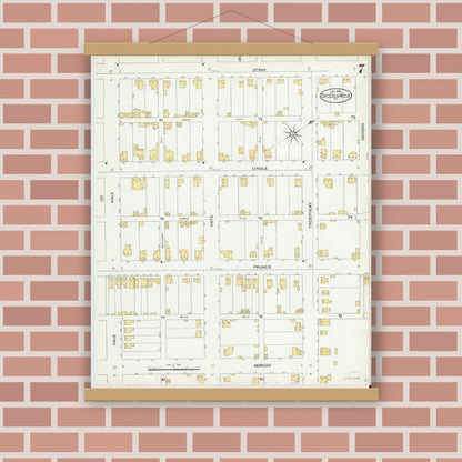 Old map wall art mockup — magnetic wood frame on brick wall — Sanborn Fire Insurance Map from Osceola Mills, Clearfield County, Pennsylvania (1904), Sheet #0007