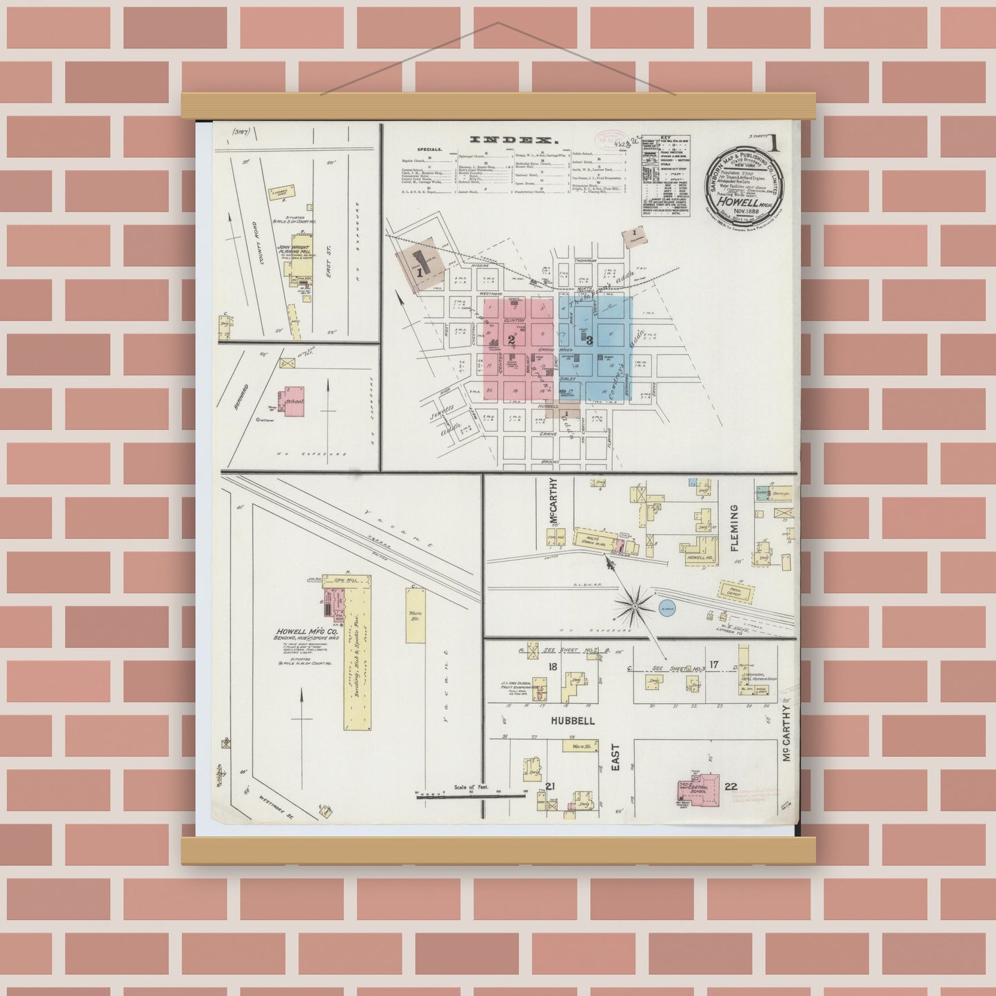 Old map wall art mockup — magnetic wood frame on brick wall — Sanborn Fire Insurance Map from Howell, Livingston County, Michigan (1888), Sheet #0001