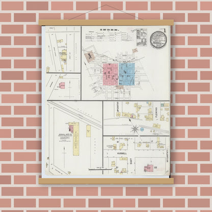 Old map wall art mockup — magnetic wood frame on brick wall — Sanborn Fire Insurance Map from Howell, Livingston County, Michigan (1888), Sheet #0001