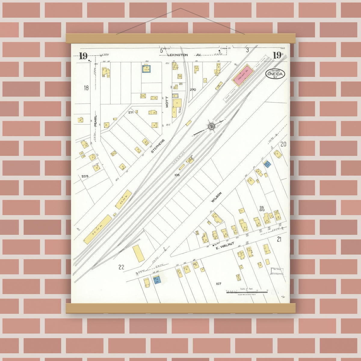 Old map wall art mockup — magnetic wood frame on brick wall — Sanborn Fire Insurance Map from Oneida, Madison County, New York (1923), Sheet #0019