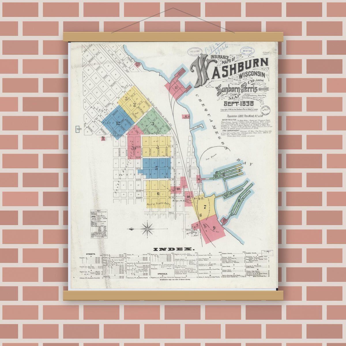 Old map wall art mockup — magnetic wood frame on brick wall — Sanborn Fire Insurance Map from Washburn, Bayfield County, Wisconsin (1898), Sheet #0001