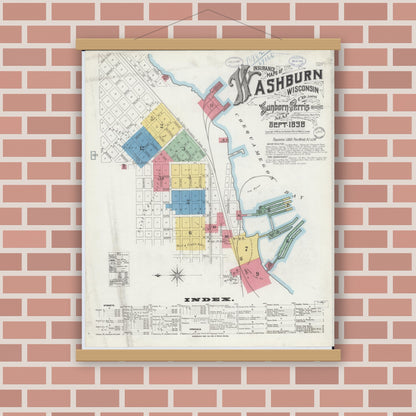 Old map wall art mockup — magnetic wood frame on brick wall — Sanborn Fire Insurance Map from Washburn, Bayfield County, Wisconsin (1898), Sheet #0001