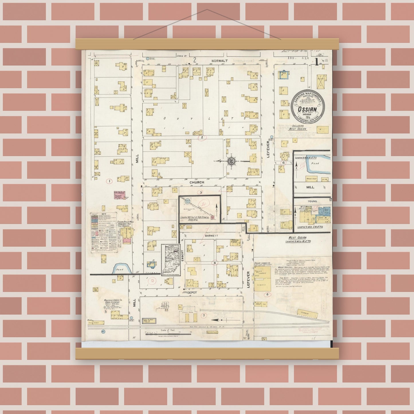 Old map wall art mockup — magnetic wood frame on brick wall — Sanborn Fire Insurance Map from Ossian, Wells County, Indiana (1933) - Complete Map Set