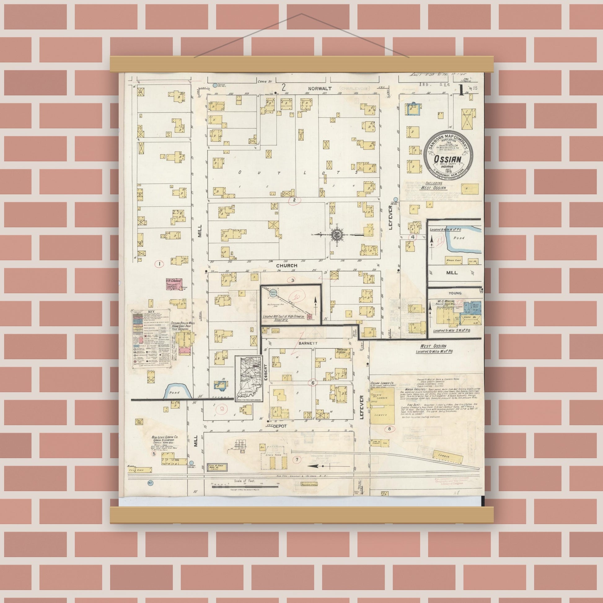 Old map wall art mockup — magnetic wood frame on brick wall — Sanborn Fire Insurance Map from Ossian, Wells County, Indiana (1933) - Complete Map Set