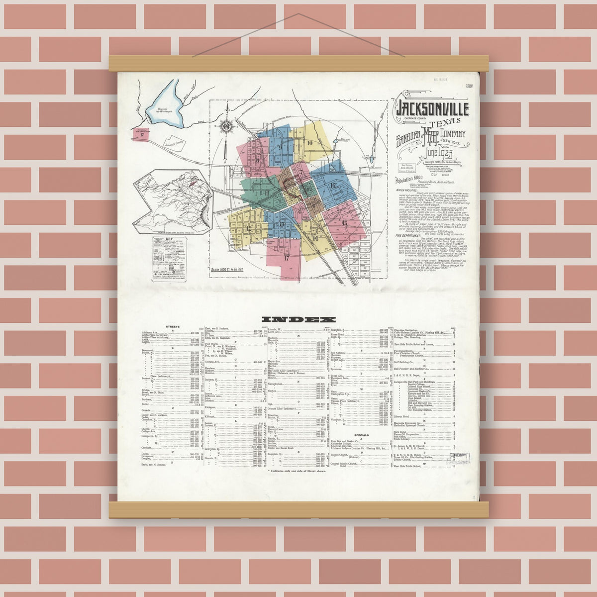 Old map wall art mockup — magnetic wood frame on brick wall — Sanborn Fire Insurance Map from Jacksonville, Cherokee County, Texas (1923) - Complete Map Set