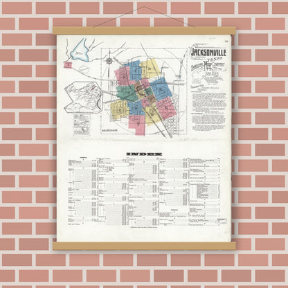 Old map wall art mockup — magnetic wood frame on brick wall — Sanborn Fire Insurance Map from Jacksonville, Cherokee County, Texas (1923) - Complete Map Set