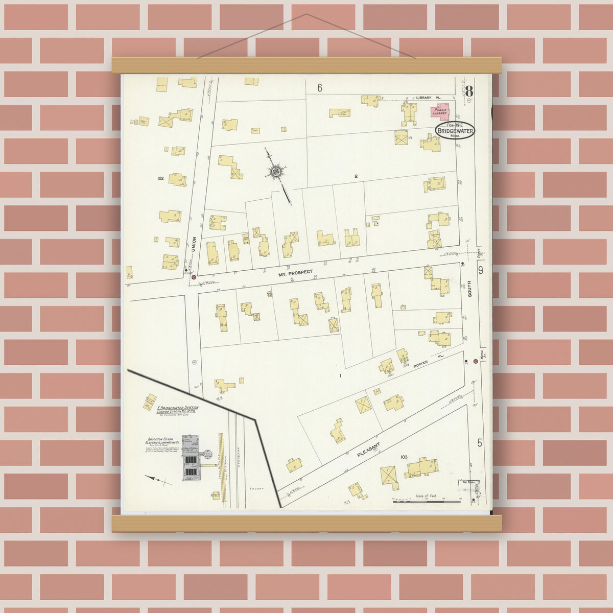 Old map wall art mockup — magnetic wood frame on brick wall — Sanborn Fire Insurance Map from Bridgewater, Plymouth County, Massachusetts (1912), Sheet #0008