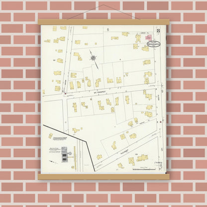 Old map wall art mockup — magnetic wood frame on brick wall — Sanborn Fire Insurance Map from Bridgewater, Plymouth County, Massachusetts (1912), Sheet #0008