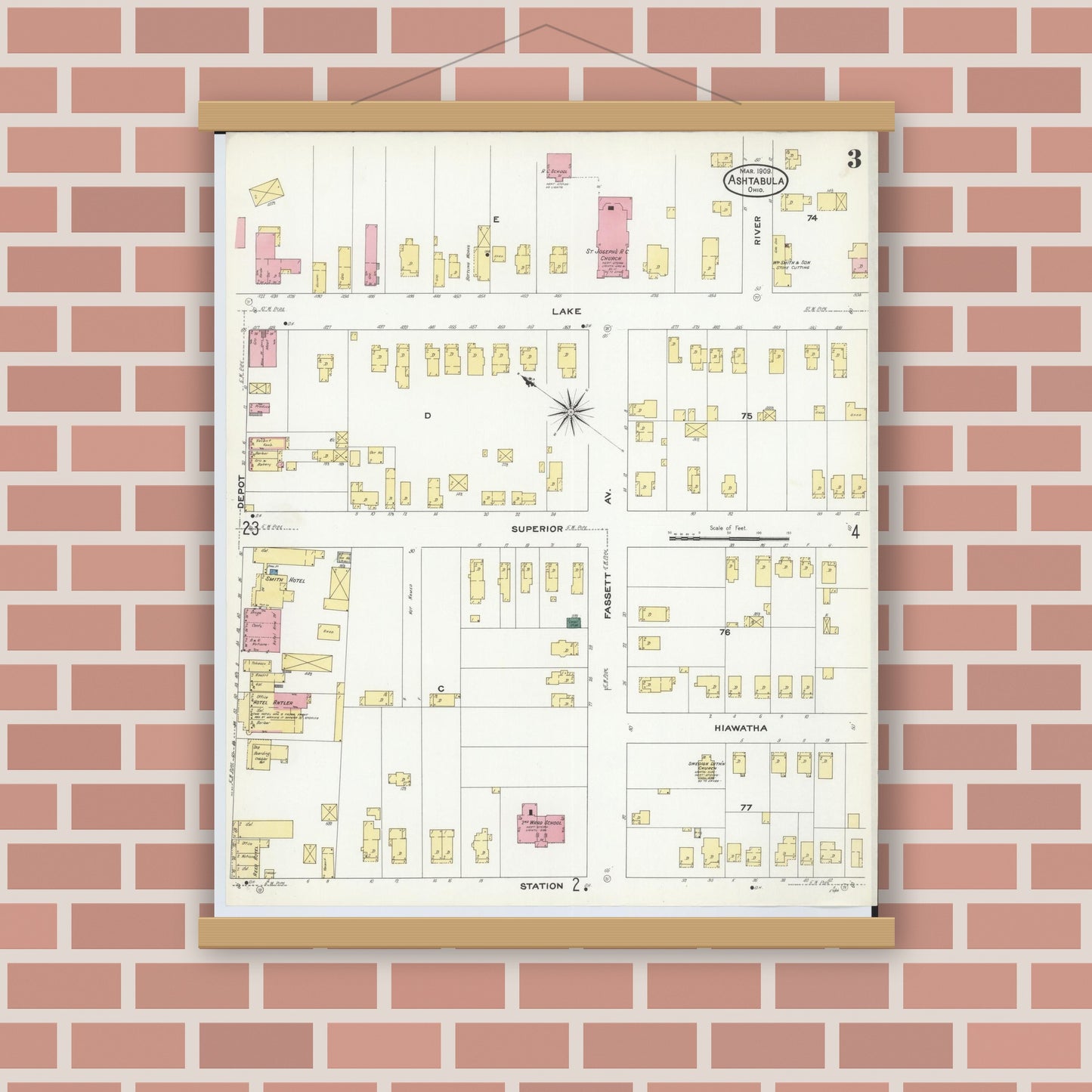 Old map wall art mockup — magnetic wood frame on brick wall — Sanborn Fire Insurance Map from Ashtabula, Ashtabula County, Ohio (1909), Sheet #0003