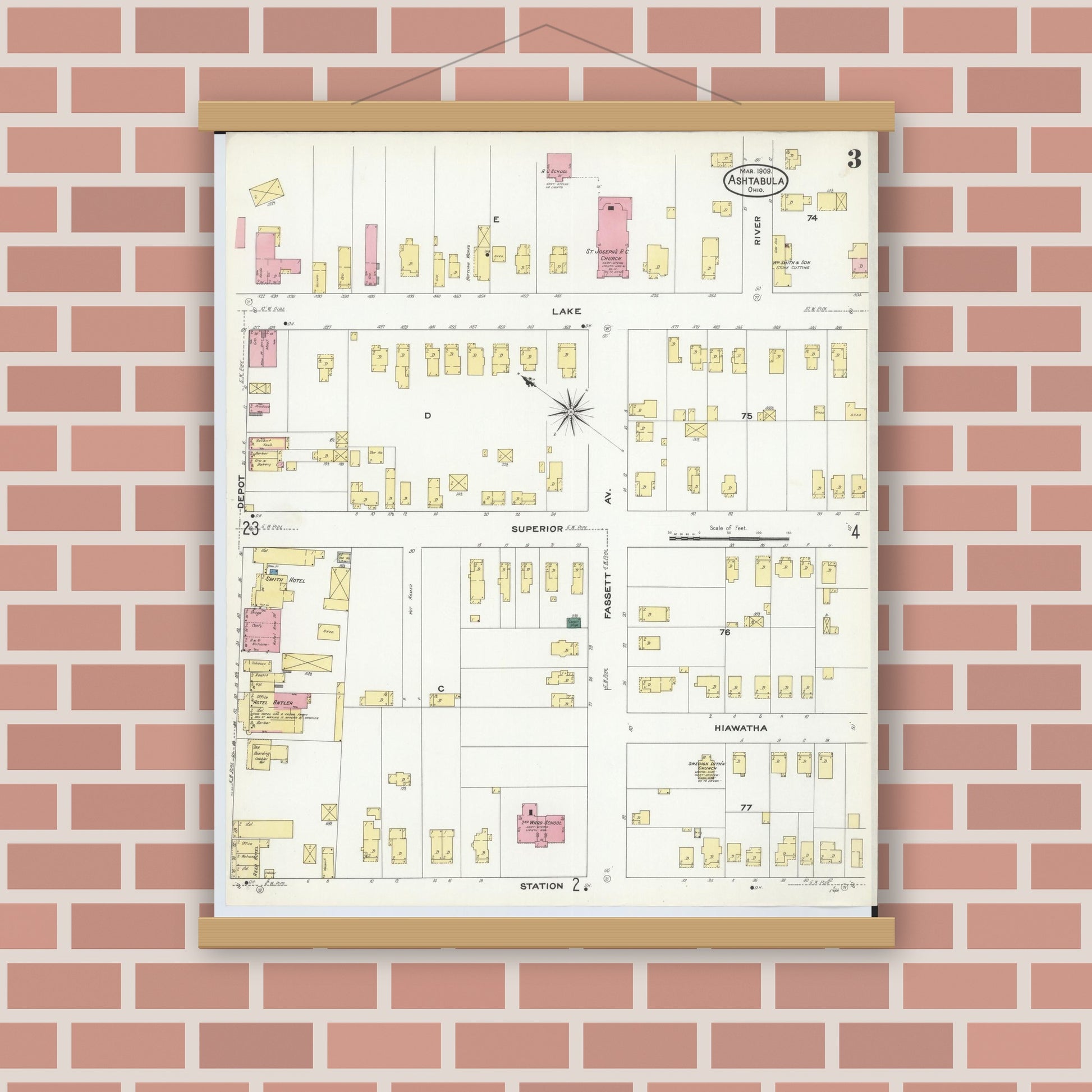 Old map wall art mockup — magnetic wood frame on brick wall — Sanborn Fire Insurance Map from Ashtabula, Ashtabula County, Ohio (1909), Sheet #0003
