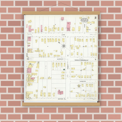 Old map wall art mockup — magnetic wood frame on brick wall — Sanborn Fire Insurance Map from Ashtabula, Ashtabula County, Ohio (1909), Sheet #0003