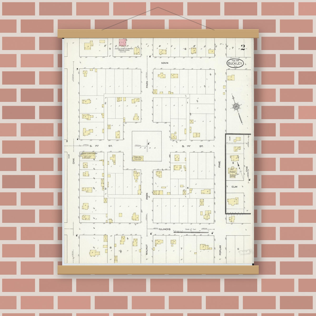 Old map wall art mockup — magnetic wood frame on brick wall — Sanborn Fire Insurance Map from Buckley, Iroquois County, Illinois (1914), Sheet #0002