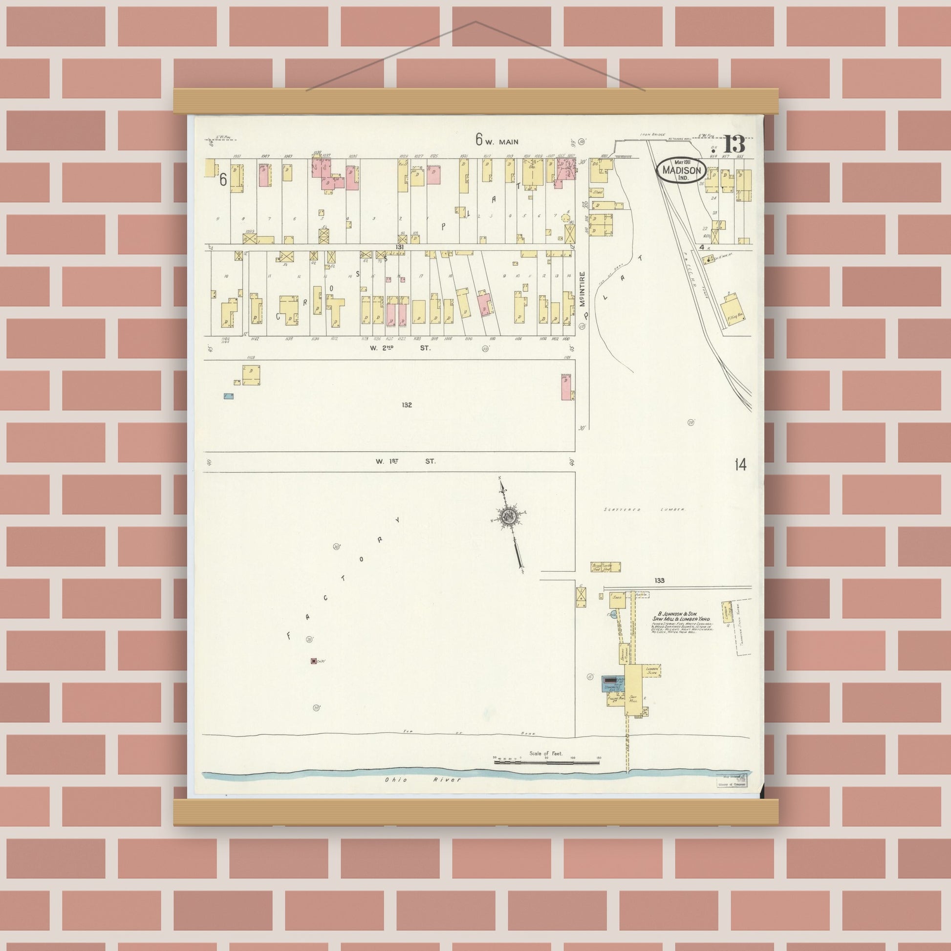 Old map wall art mockup — magnetic wood frame on brick wall — Sanborn Fire Insurance Map from Madison, Jefferson County, Indiana (1911), Sheet #0013