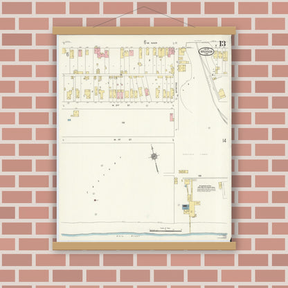 Old map wall art mockup — magnetic wood frame on brick wall — Sanborn Fire Insurance Map from Madison, Jefferson County, Indiana (1911), Sheet #0013