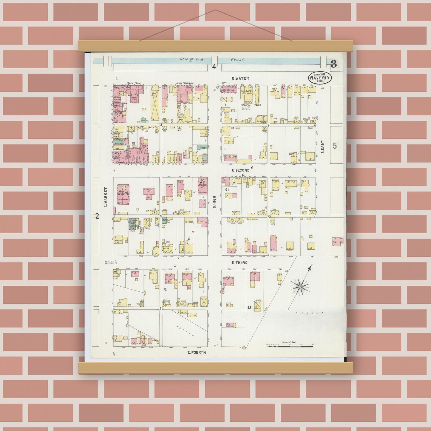 Old map wall art mockup — magnetic wood frame on brick wall — Sanborn Fire Insurance Map from Waverly, Pike County, Ohio (1897), Sheet #0003