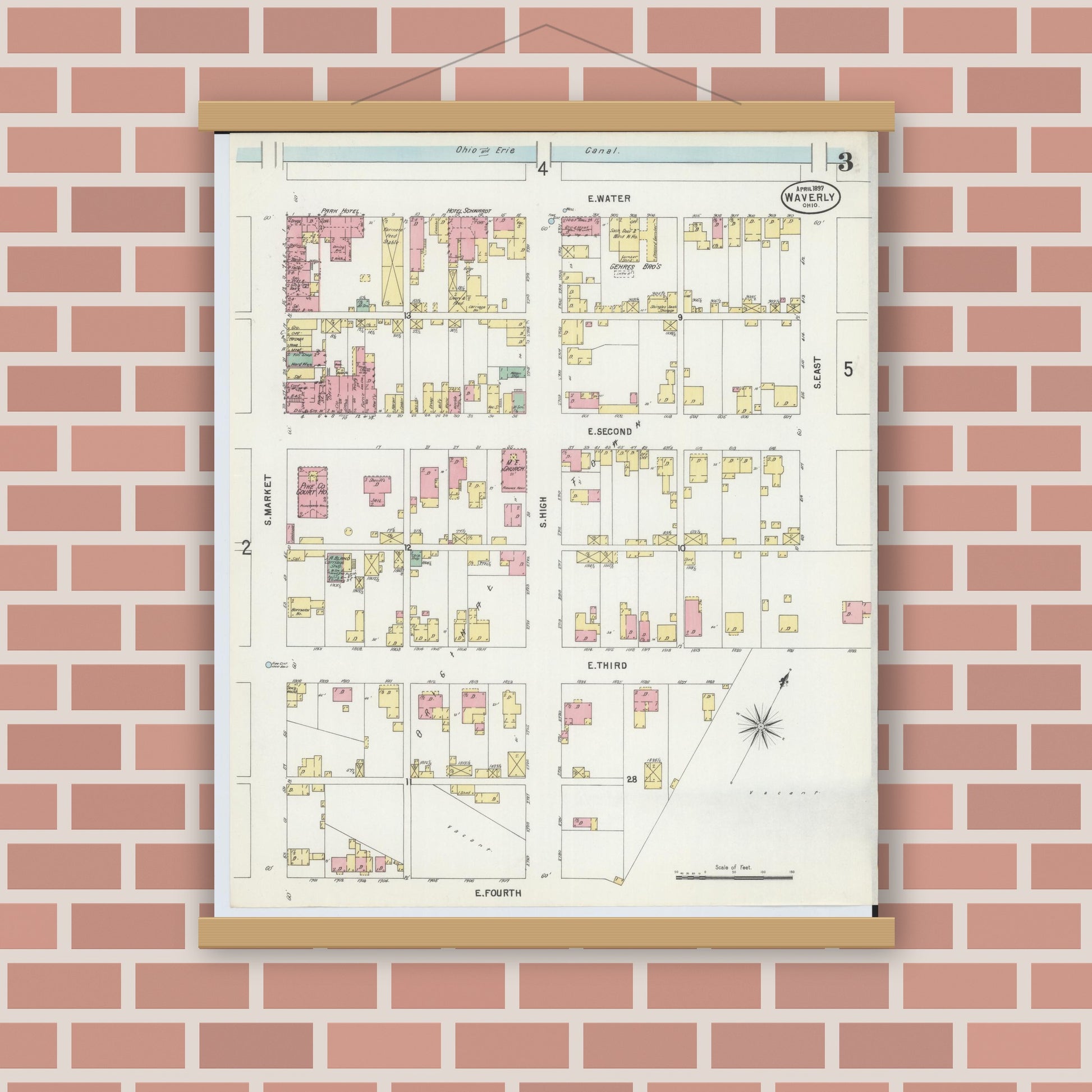 Old map wall art mockup — magnetic wood frame on brick wall — Sanborn Fire Insurance Map from Waverly, Pike County, Ohio (1897), Sheet #0003