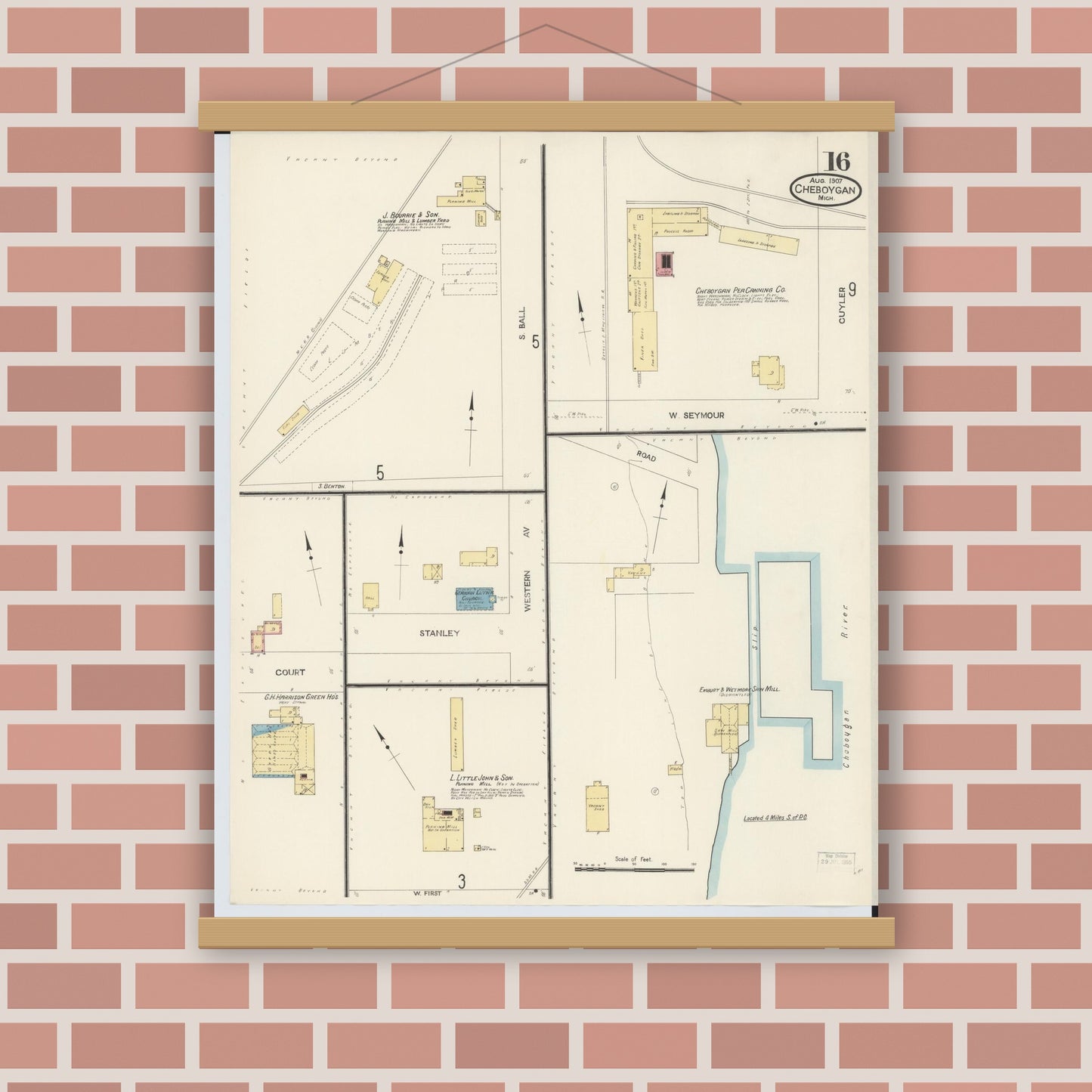 Old map wall art mockup — magnetic wood frame on brick wall — Sanborn Fire Insurance Map from Cheboygan, Cheboygan County, Michigan (1907), Sheet #0016