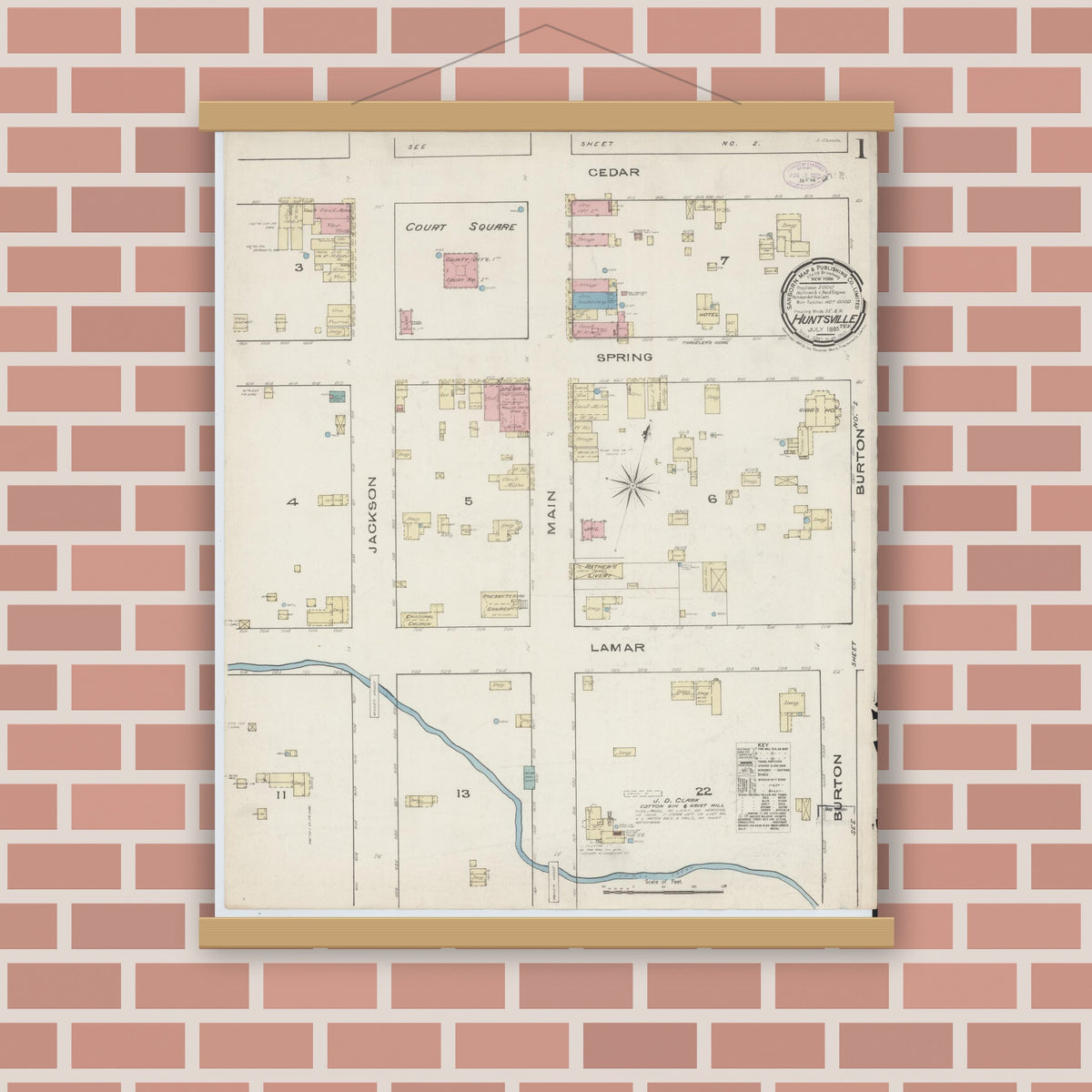 Old map wall art mockup — magnetic wood frame on brick wall — Sanborn Fire Insurance Map from Huntsville, Walker County, Texas (1885) - Complete Map Set