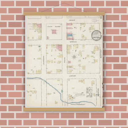 Old map wall art mockup — magnetic wood frame on brick wall — Sanborn Fire Insurance Map from Huntsville, Walker County, Texas (1885) - Complete Map Set