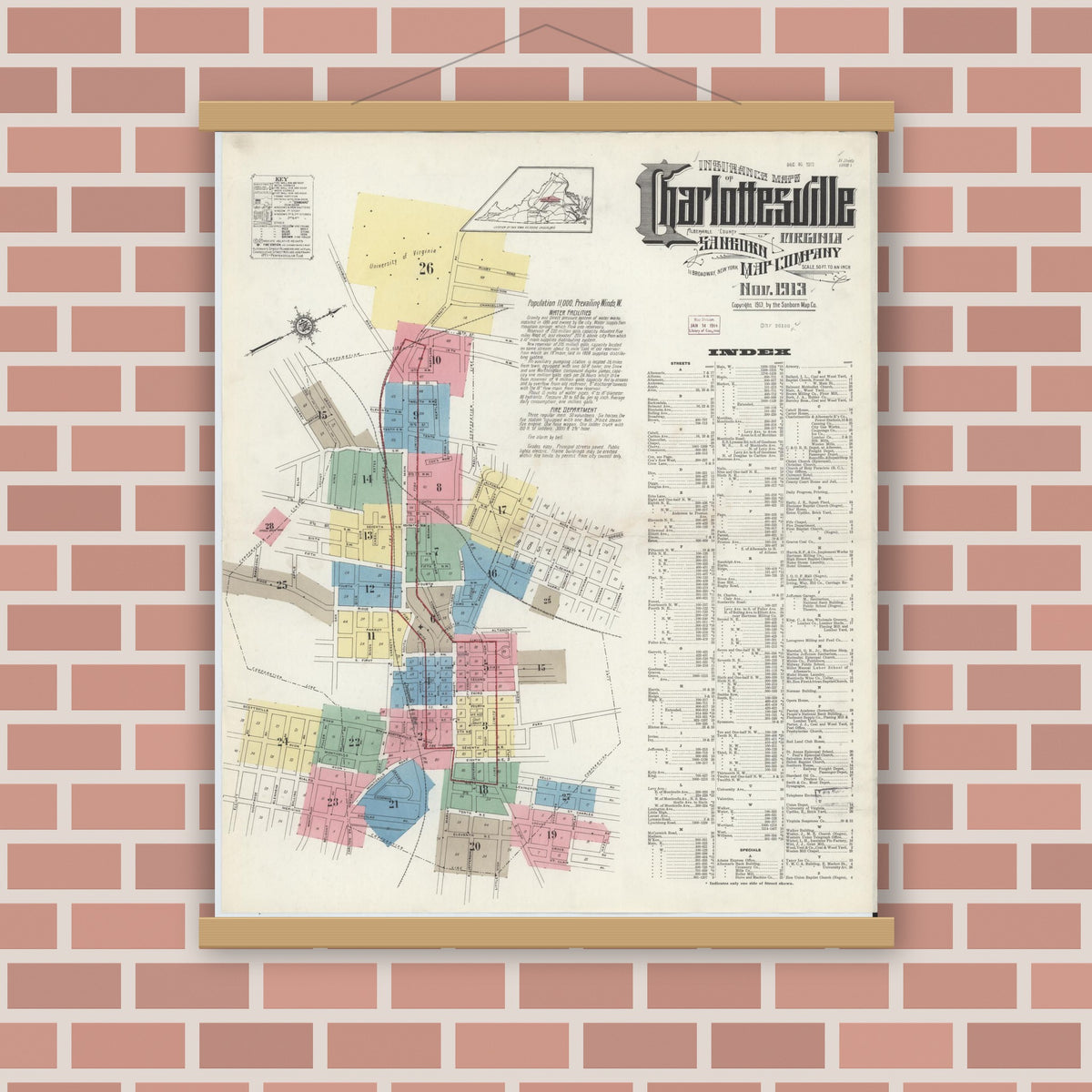 Old map wall art mockup — magnetic wood frame on brick wall — Sanborn Fire Insurance Map from Charlottesville, Independent Cities, Virginia (1913), Sheet #0001