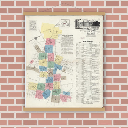Old map wall art mockup — magnetic wood frame on brick wall — Sanborn Fire Insurance Map from Charlottesville, Independent Cities, Virginia (1913), Sheet #0001