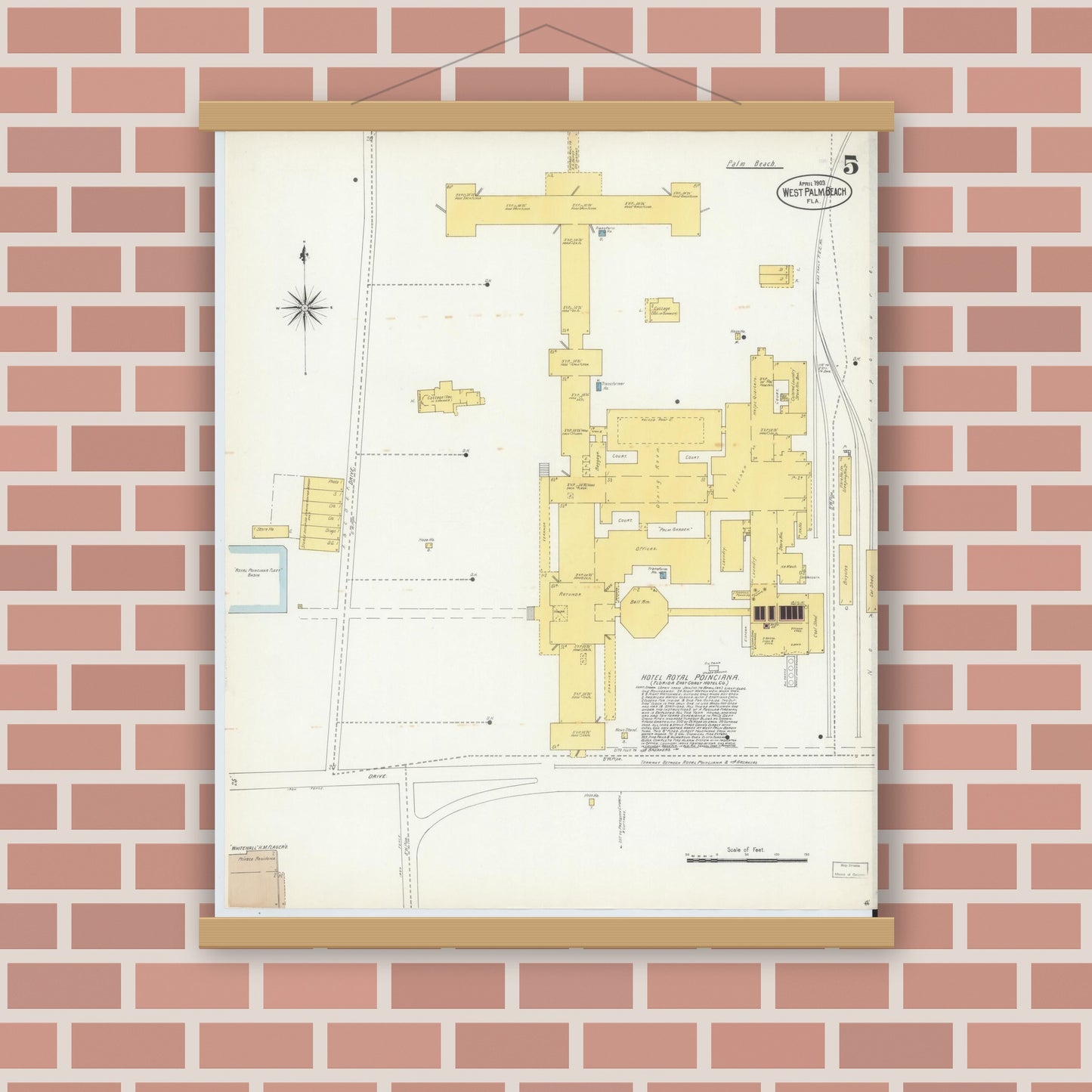 Old map wall art mockup — magnetic wood frame on brick wall — Sanborn Fire Insurance Map from West Palm Beach, Dade County, Florida (1903), Sheet #0005