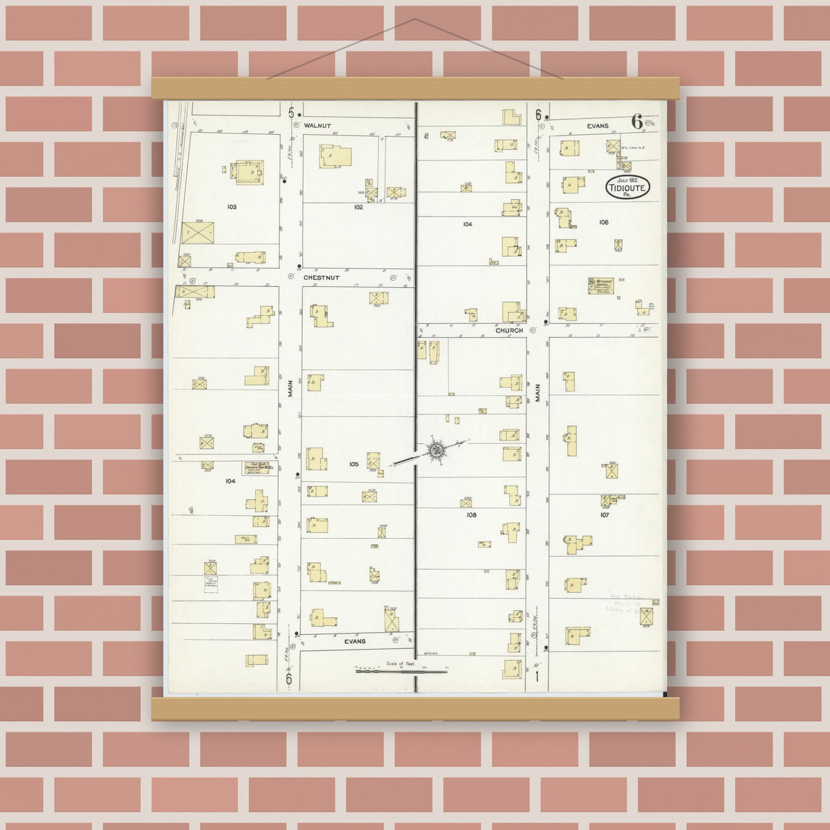 Old map wall art mockup — magnetic wood frame on brick wall — Sanborn Fire Insurance Map from Tidioute, Warren County, Pennsylvania (1912), Sheet #0006