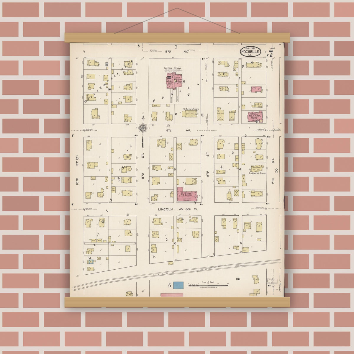 Old map wall art mockup — magnetic wood frame on brick wall — Sanborn Fire Insurance Map from Rochelle, Ogle County, Illinois (1922), Sheet #0007