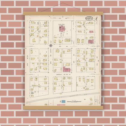 Old map wall art mockup — magnetic wood frame on brick wall — Sanborn Fire Insurance Map from Rochelle, Ogle County, Illinois (1922), Sheet #0007