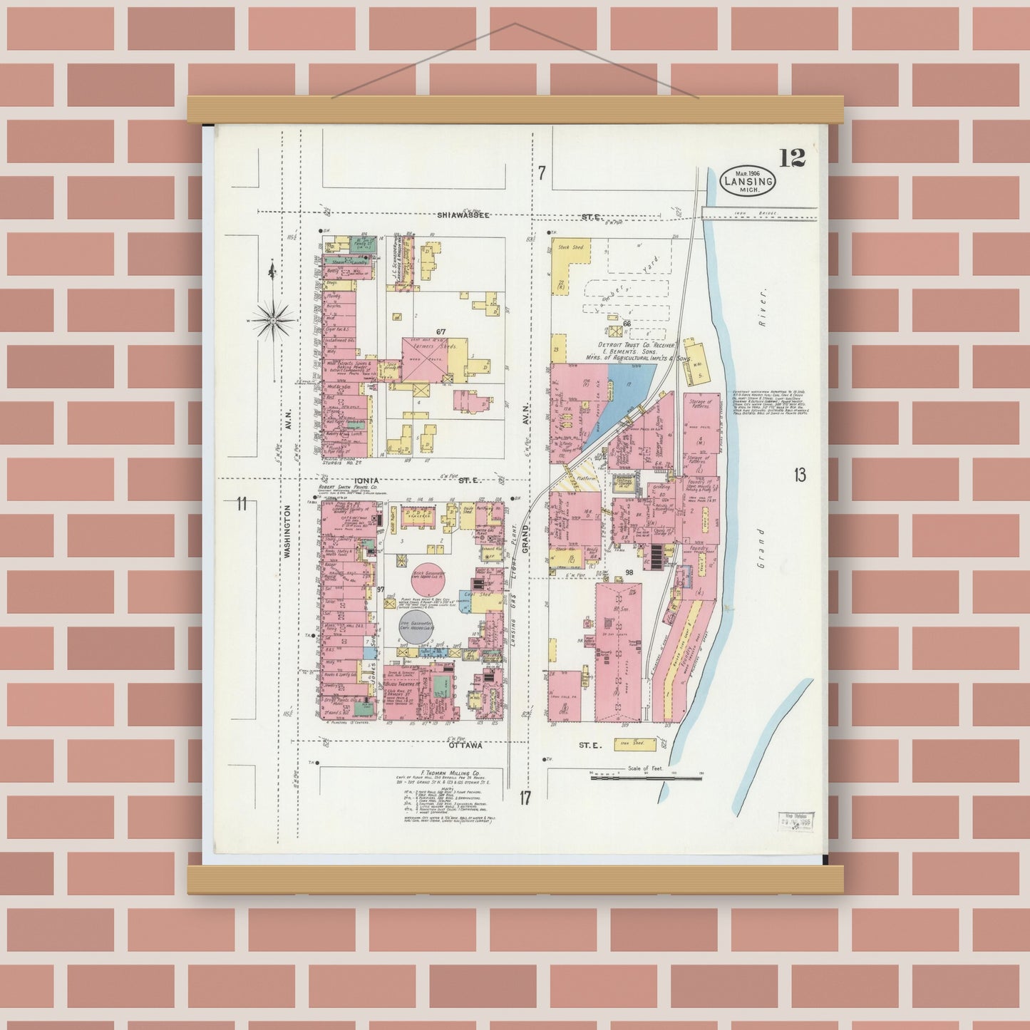 Old map wall art mockup — magnetic wood frame on brick wall — Sanborn Fire Insurance Map from Lansing, Ingham County, Michigan (1906), Sheet #0012
