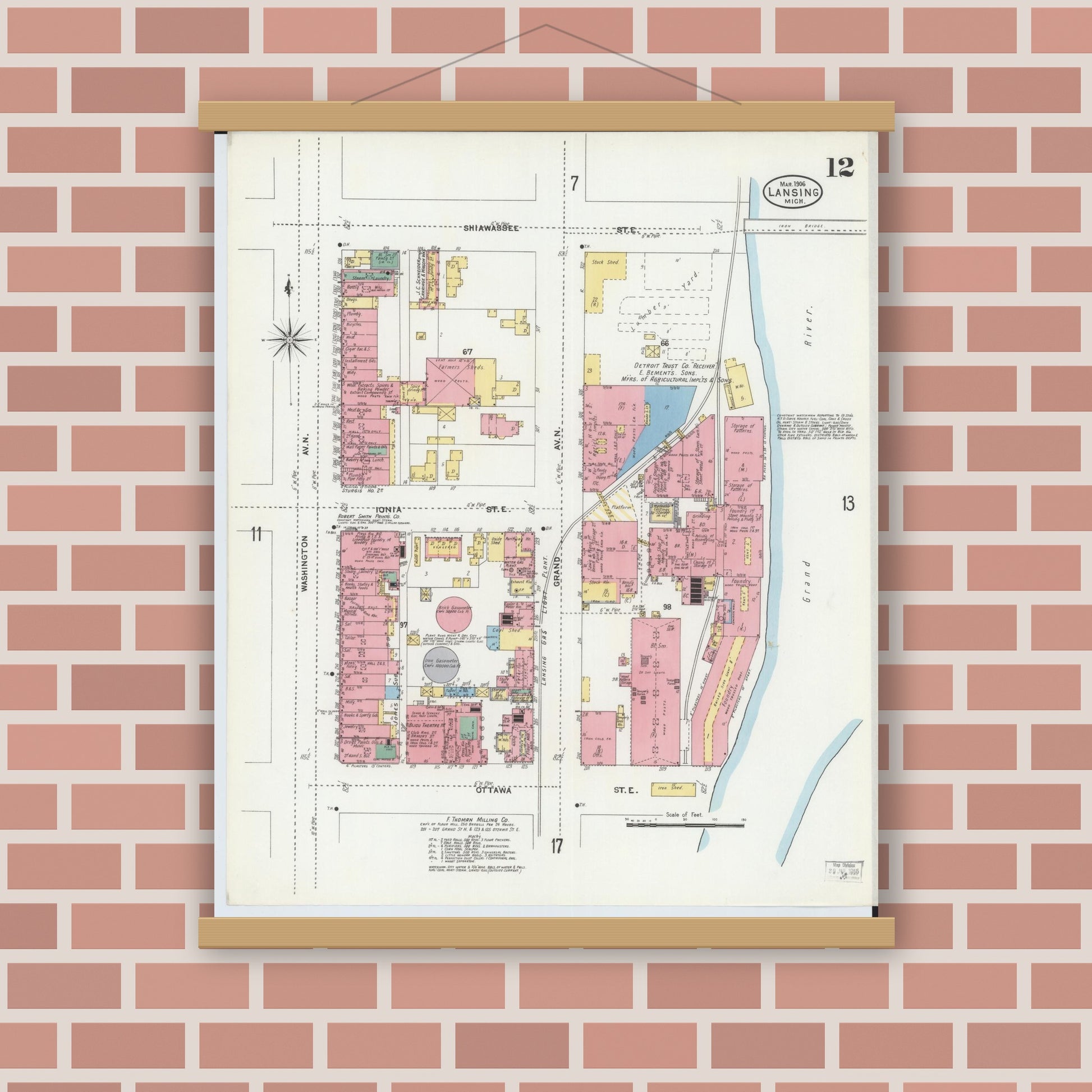 Old map wall art mockup — magnetic wood frame on brick wall — Sanborn Fire Insurance Map from Lansing, Ingham County, Michigan (1906), Sheet #0012