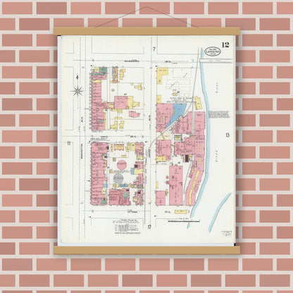 Old map wall art mockup — magnetic wood frame on brick wall — Sanborn Fire Insurance Map from Lansing, Ingham County, Michigan (1906), Sheet #0012