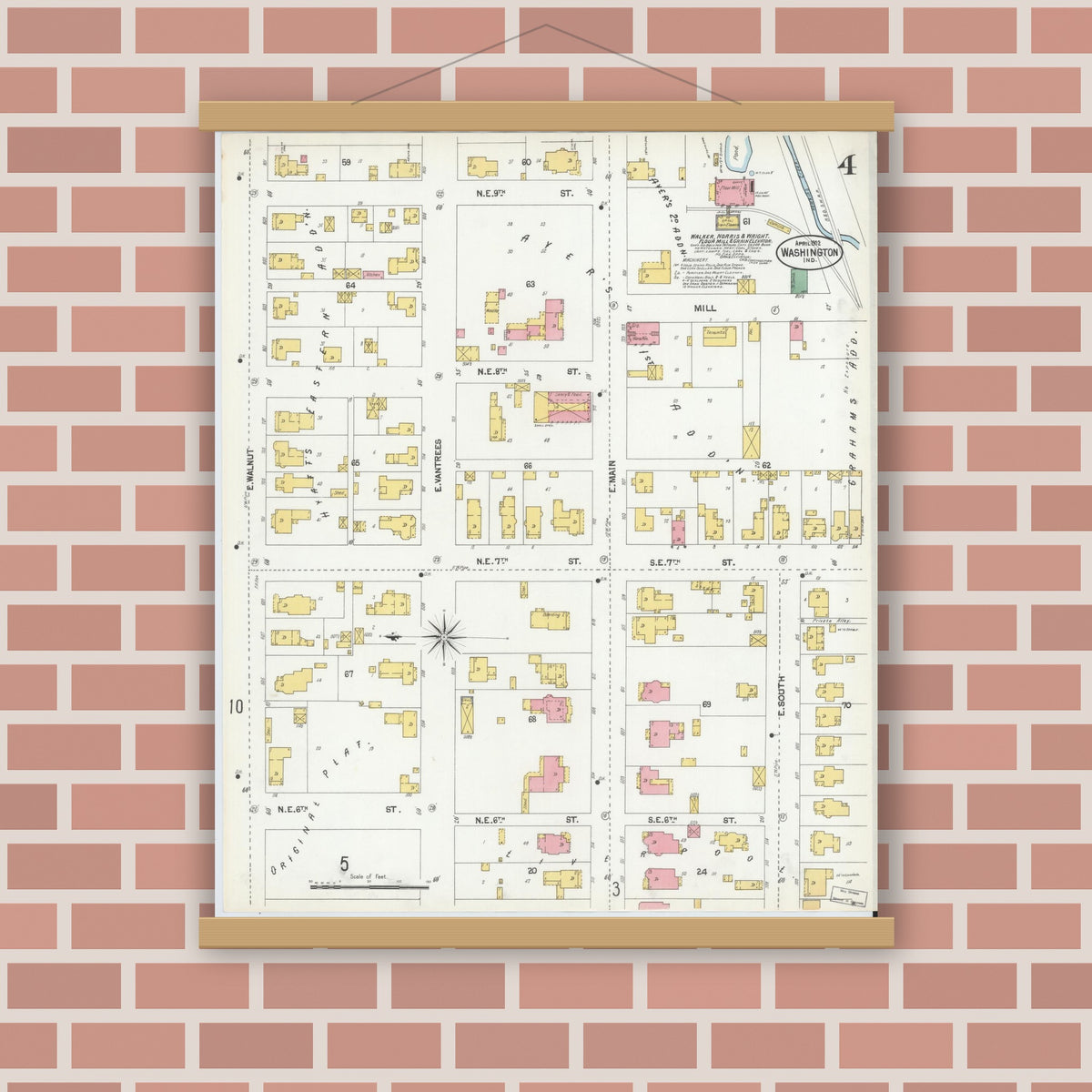 Old map wall art mockup — magnetic wood frame on brick wall — Sanborn Fire Insurance Map from Washington, Daviess County, Indiana (1902), Sheet #0004