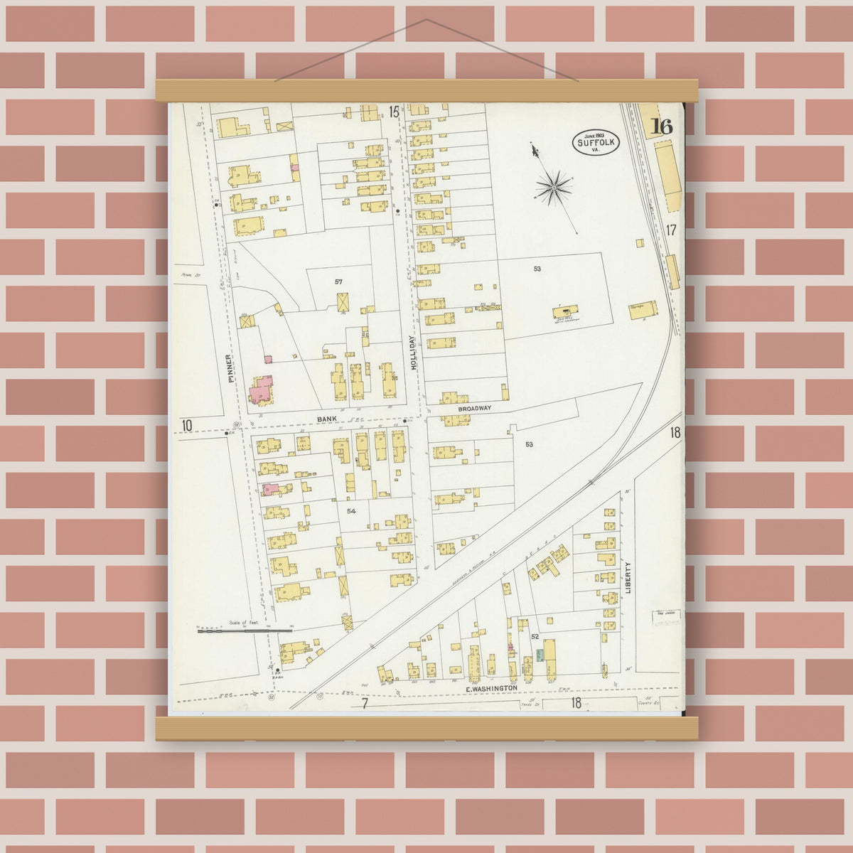 Old map wall art mockup — magnetic wood frame on brick wall — Sanborn Fire Insurance Map from Suffolk, Independent Cities, Virginia (1903), Sheet #0016