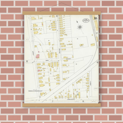 Old map wall art mockup — magnetic wood frame on brick wall — Sanborn Fire Insurance Map from Suffolk, Independent Cities, Virginia (1903), Sheet #0016