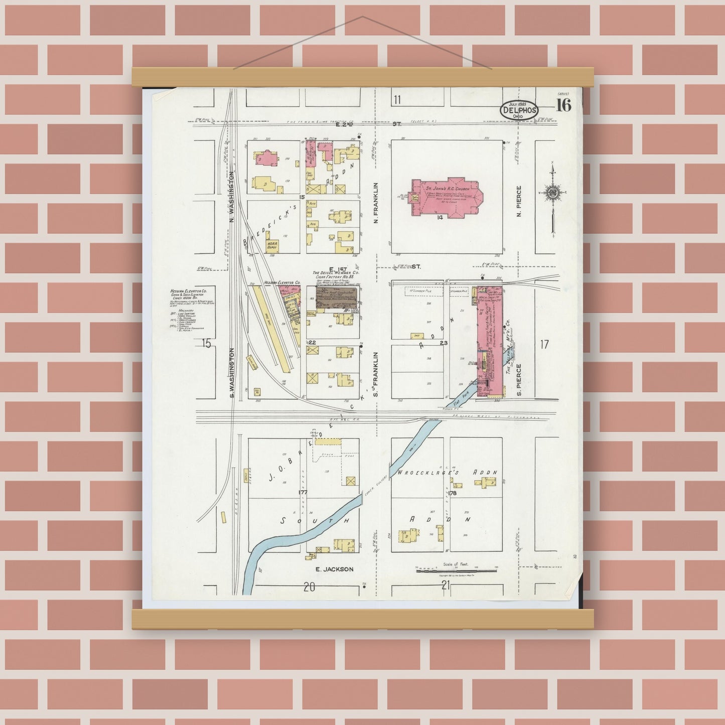 Old map wall art mockup — magnetic wood frame on brick wall — Sanborn Fire Insurance Map from Delphos, Van Wert And Allen Counties, Ohio (1921), Sheet #0016
