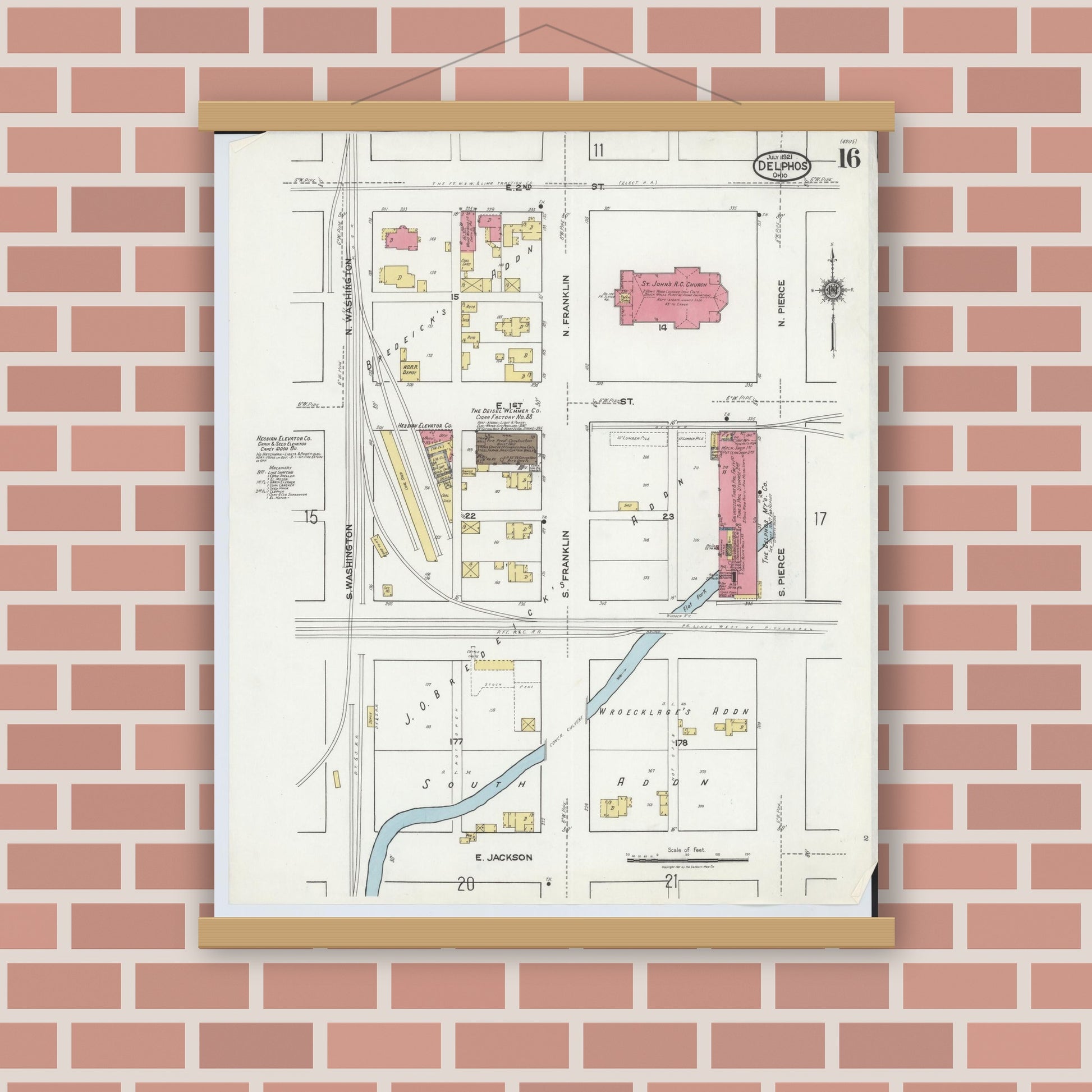 Old map wall art mockup — magnetic wood frame on brick wall — Sanborn Fire Insurance Map from Delphos, Van Wert And Allen Counties, Ohio (1921), Sheet #0016